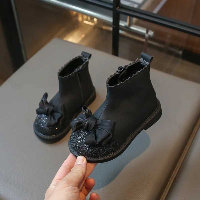Fashion girl princess leather boots sweet bow sequins ankle boots childrens version side zipper boots anti slip childrens shoes M241102