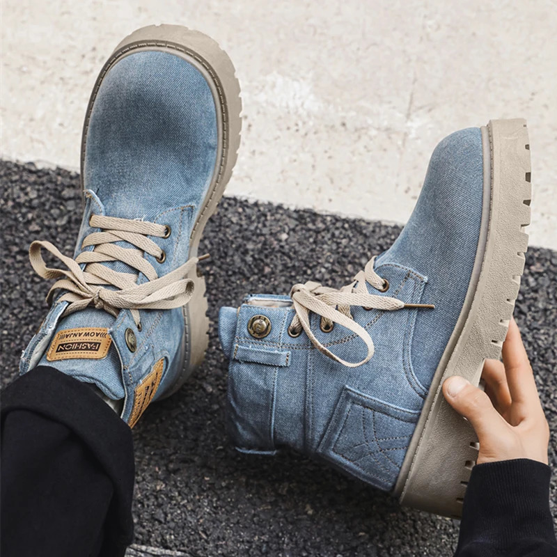 Mens platform denim boots retro n Ankle shoes mens high-quality comfortable boots cool casual lace up outdoor shoes 241031