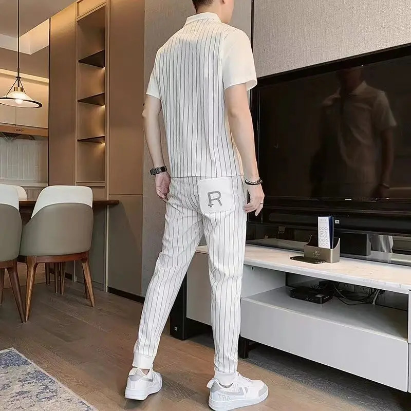 Summer Ice Silk Casual Suit Mens Youth Korean Version of the Trend Striped Short-sleeved T-shirt Shirt Trousers Tracksuit Two S 240402