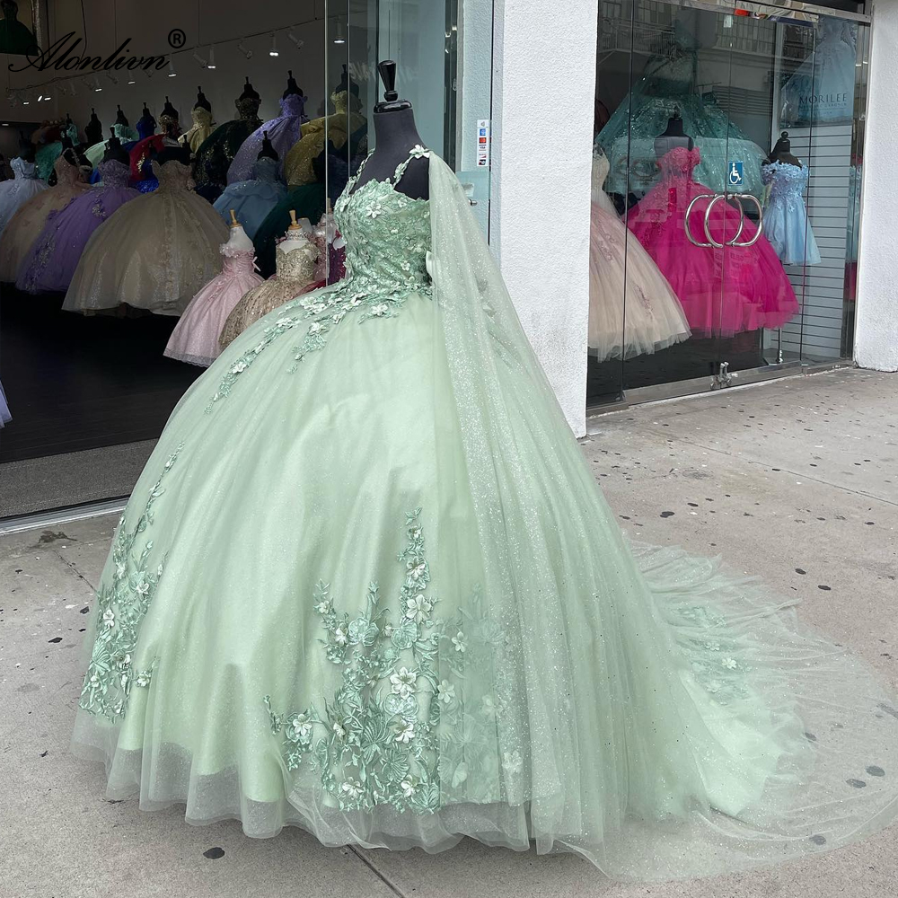 Elegant Spaghetti Straps Sweetheart Ball Gown Quinceanera Dresses Beading Pearls 3D Appliques Lace Prom Evening Party Pageant Birthday Gowns Dress Wit