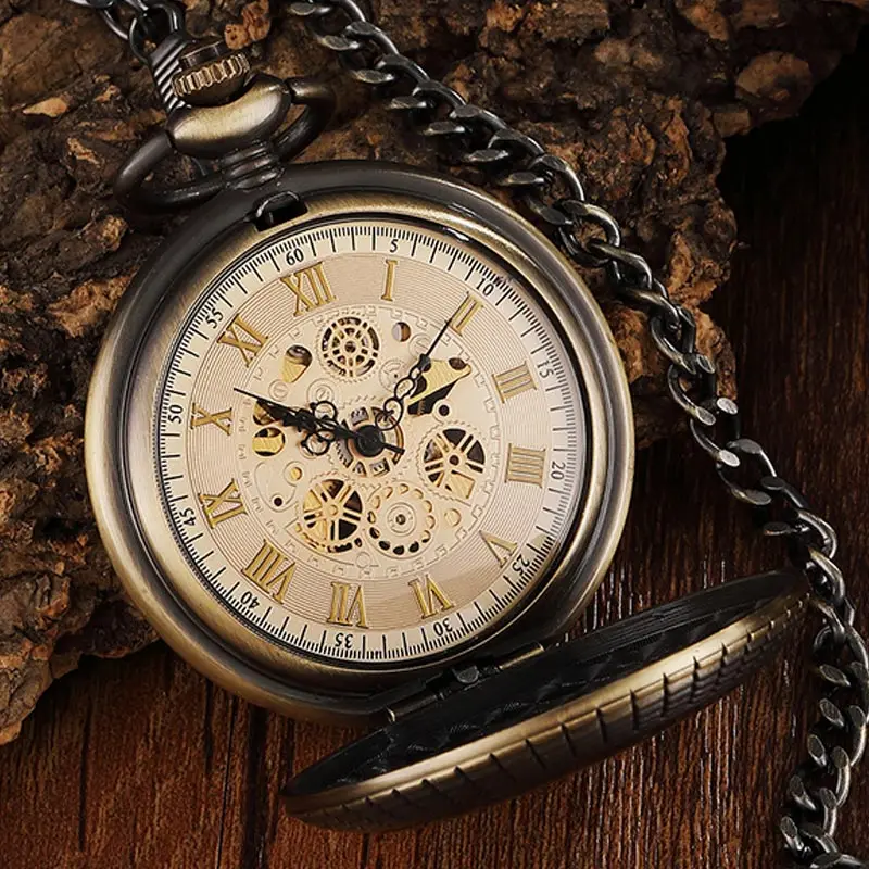 Vintage Wood Circel Gear Dial Bronze Antique Old Mechanical Pocket Watch Men Engraved new Fob Hand Wind Steampunk 2025 Male Gifts Clock