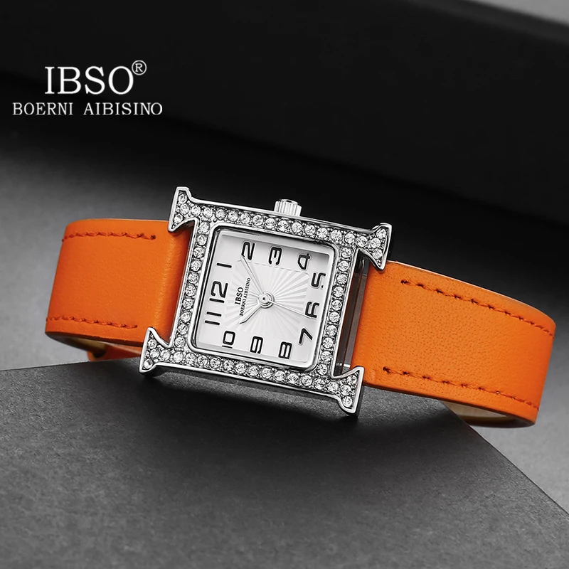 IBSO new 2023 New Women Rectangle Watches Japanese Quartz Movement Ultra-Thin 2025 3ATM Waterproof Full Dia Genuine Leather