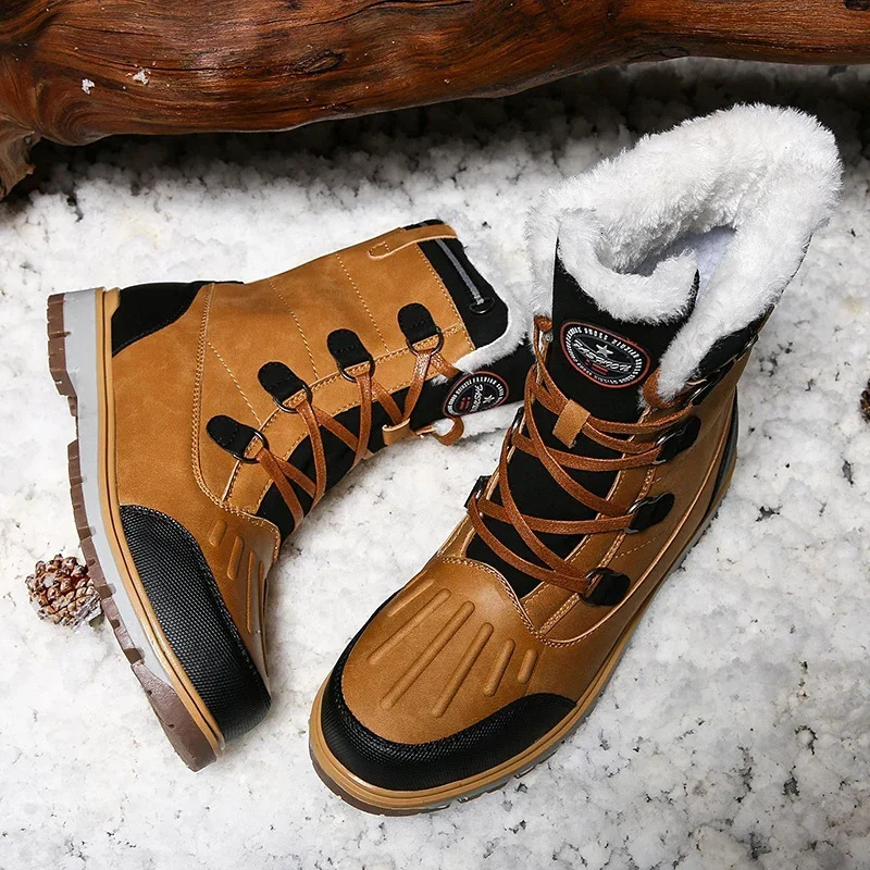 Fashionable mens winter boots warm fur high top snow boots mens waterproof leather platform boots outdoor anti slip mens winter shoes 241031