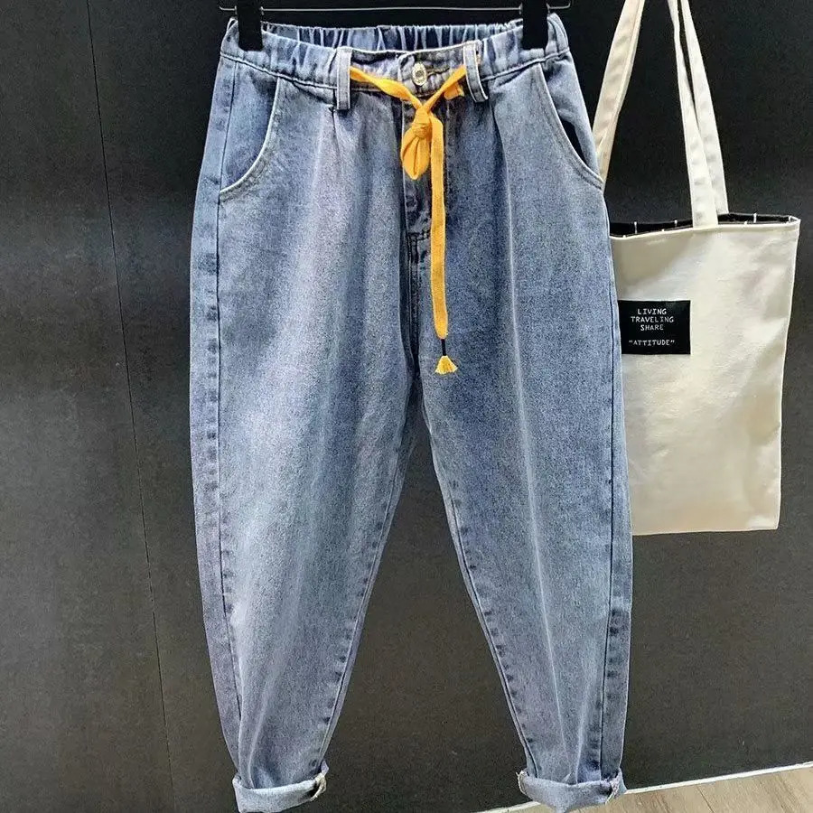 Fashion Summer Casual Loose Denim Harem Pants for Men Spring and Autumn Drawstring Tapered Legs Streetwears Boyfriend Jeans 241024