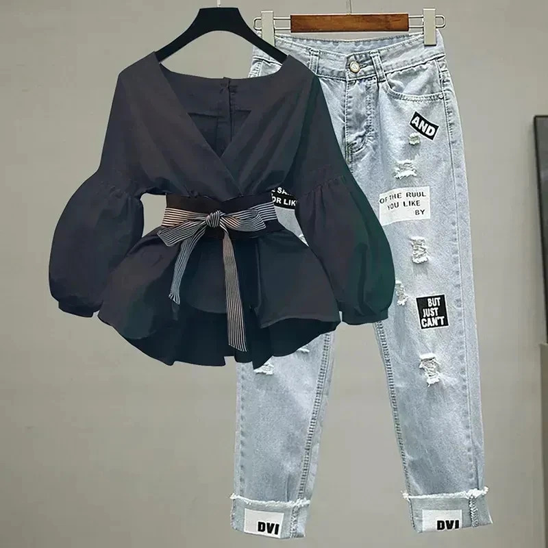Womens Simple Style Bow Polyester Denim Knot Pants Sets Slim Striped Sleeve Chiffon Shirt Jeans 2-Piece Suit 240326 C260312