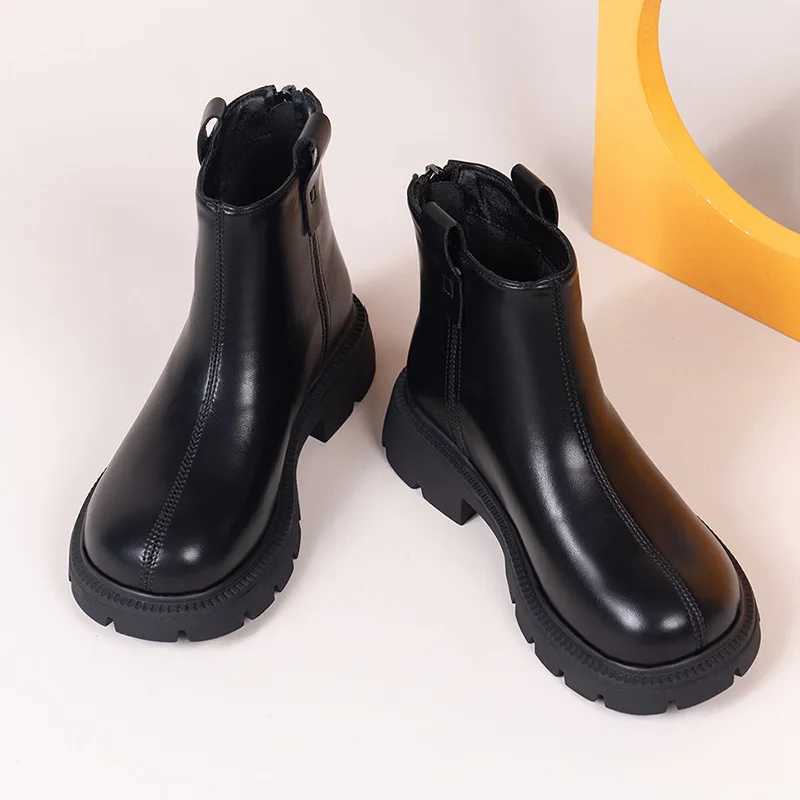 Girls Boots Autumn Winter New Solid Childrens Soft Bottom Leather Boots Boys Casual Cotton Ankle Boots Fashion Zipper Childrens Sports Shoes M241102