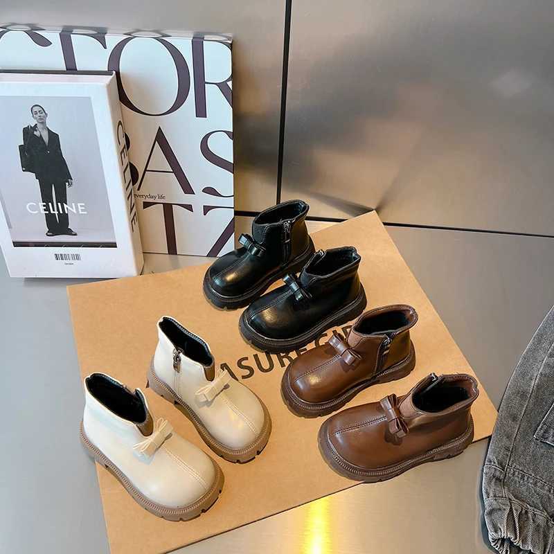 New Girl Ankle Boots Childrens Winter Shoes Princess Leather Shoes Childrens Bow Plush Warm Snow Shoes M241102