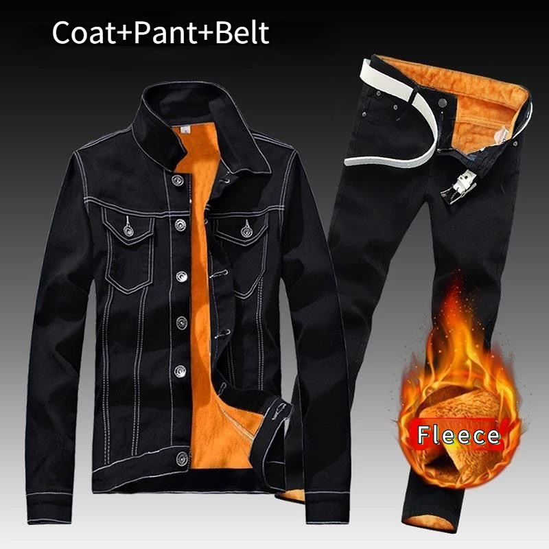 Autumn and winter mens jeans set simple blue long sleeved wool jacket and jeans two-piece casual denim set free gift 241030