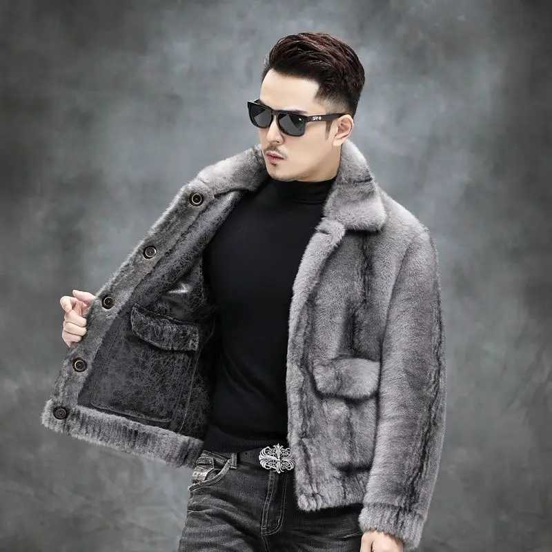 Winter New Men Mink Coat Male Double-Sided Wear Fashion Solid Color Short Fur Striped Outwear Thickened Warm Casual OutcoatXJ241102
