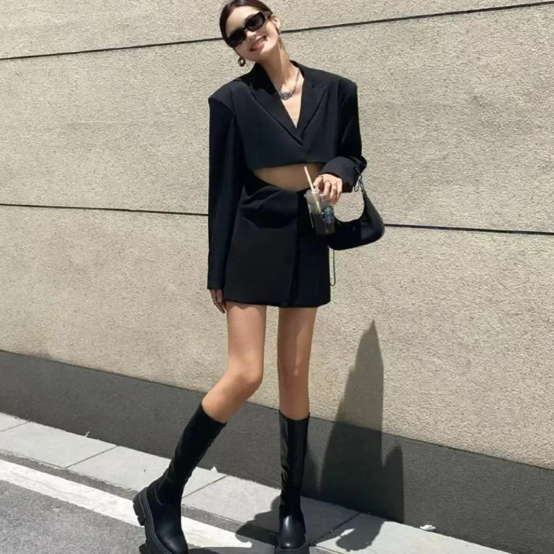 Fashion Black Slimming Thick Heels Knee High For Women Punk Style Autumn Chunky Platform Boots Ladies Party Shoes