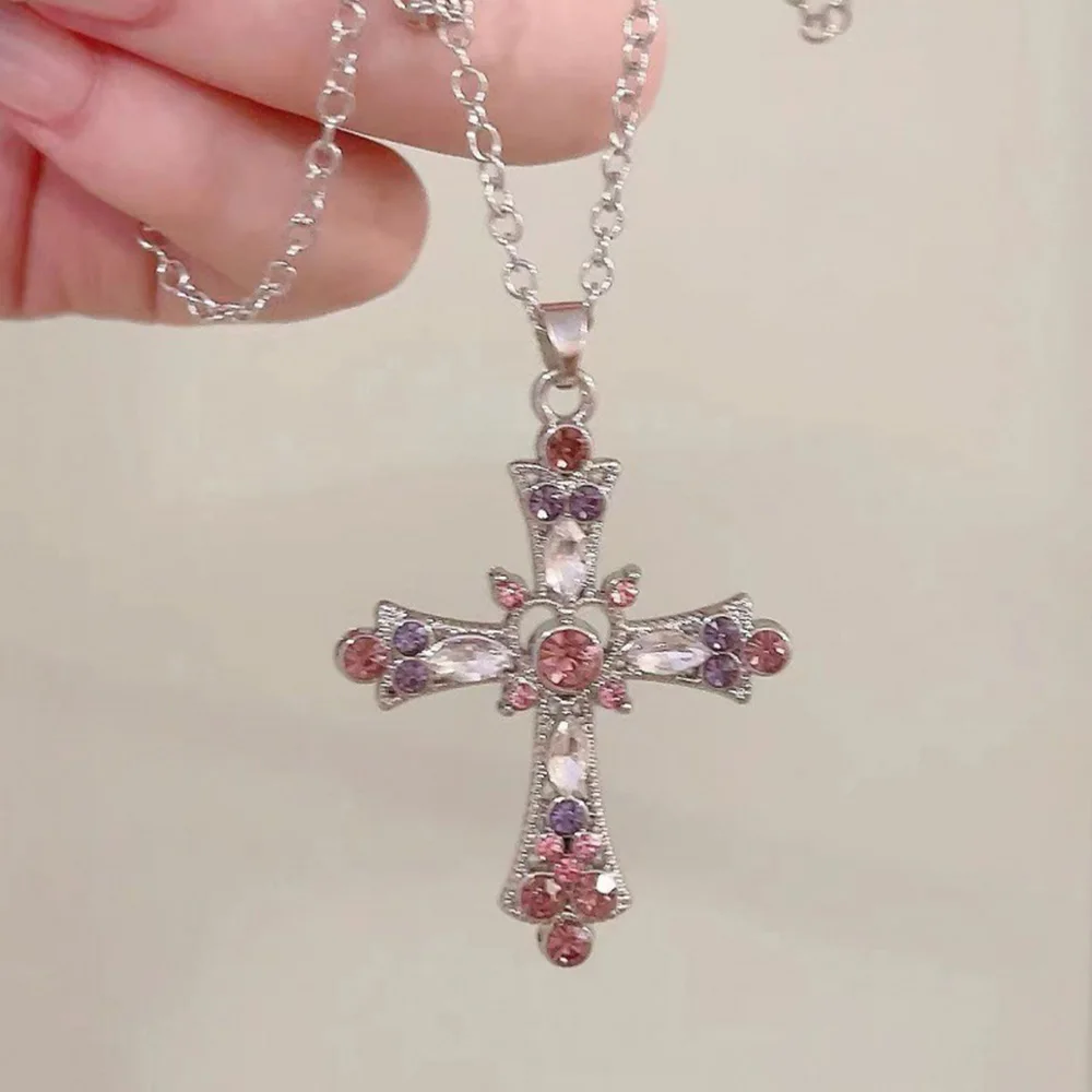 Bohemian Colorful Rhinestone Cross Necklace For 2025 new Women Exquisite Cross Pendant Alloy Choker Clavicle Chain Jewelry Friend Gifts