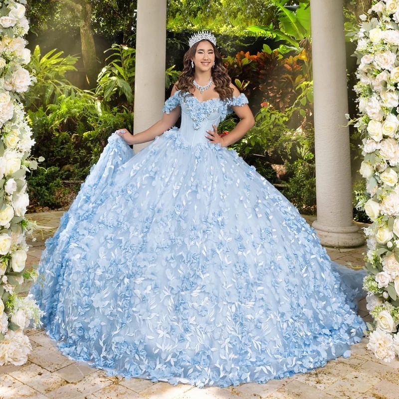 Sky Blue Shiny Quinceanera Dresses Ball Gown Off The Shoulder 3D Flower Lace Applique Beaded Crystal Tull Corset Sweet 16 Vestidos De 15 Anos