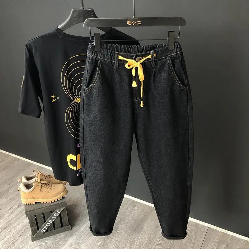 Fashion Summer Casual Loose Denim Harem Pants for Men Spring and Autumn Drawstring Tapered Legs Streetwears Boyfriend Jeans 241024