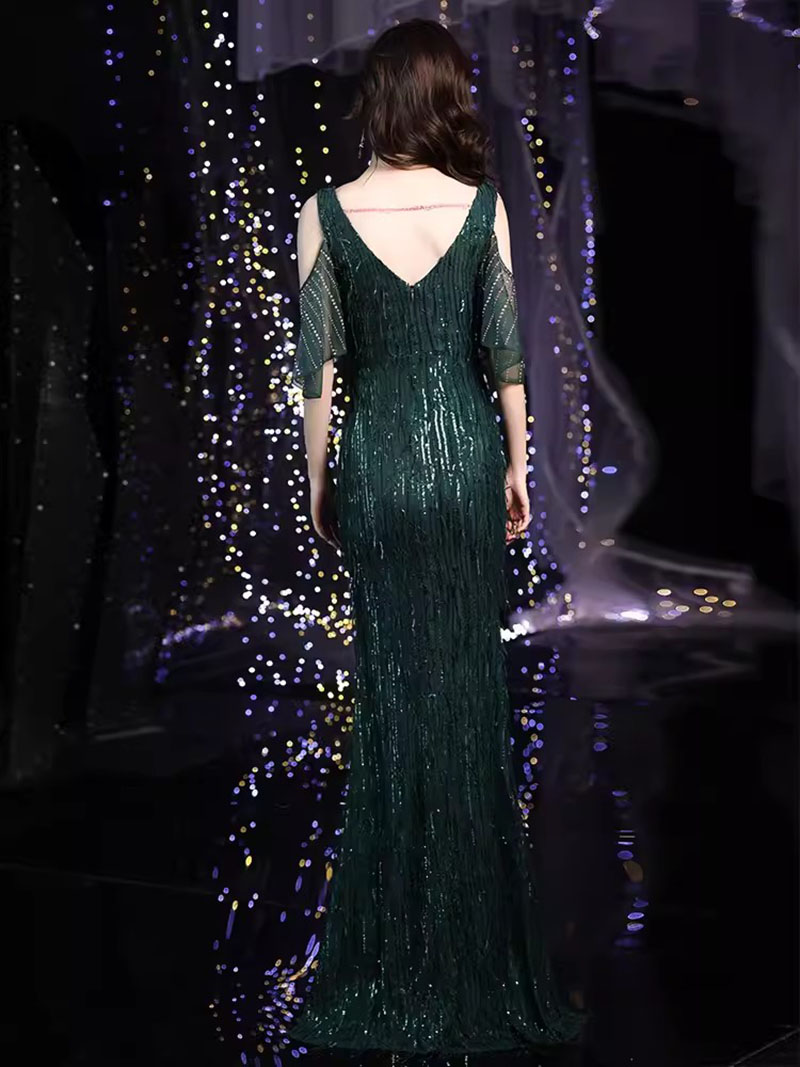 Green Sequin Evening Dresses V Neck Off shoulder Women Elegant Mermaid Maxi Prom dress Party Gown Abendkleider Robe De Soiree Vestidos