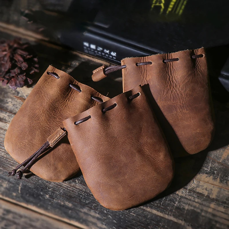 LUOKIR Mens Genuine Leather Coin Purse Simple Vintage Small Card Bag Womens Cowhide Wallet Keys Money Drawstring Storage Bags 241029