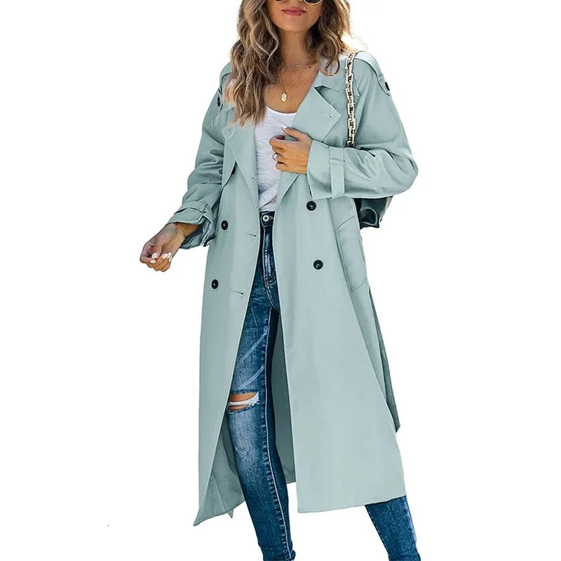 Womens classic long trench coat solid color double chest lapel long sleeved windproof coat with shoulder strap bag streetwear 241031