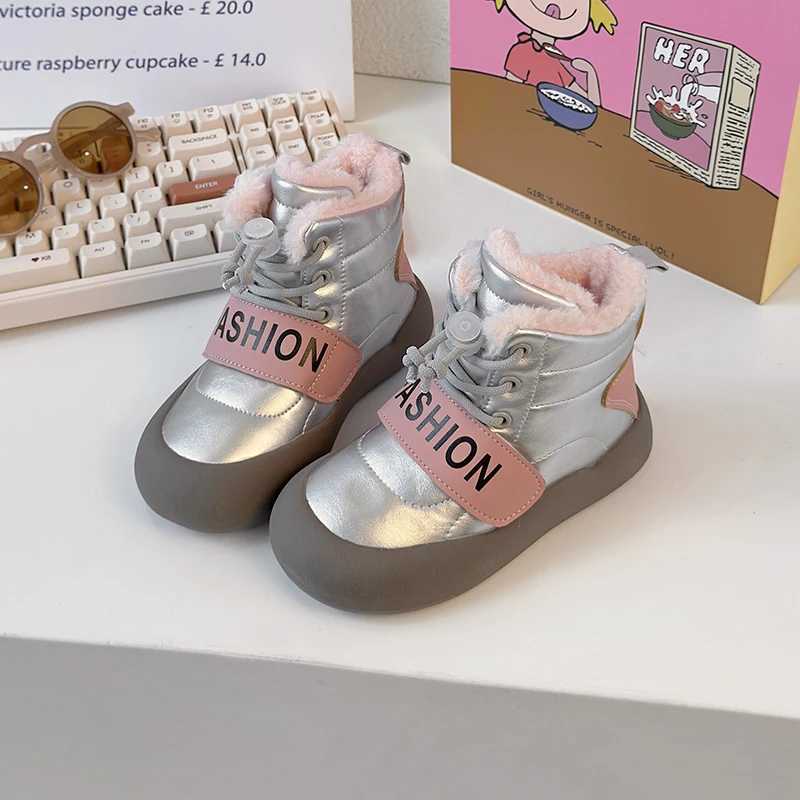 New childrens snow boots with thick soles warm girls cotton boots fashionable leather boots childrens plush boots patch work round toe M241102