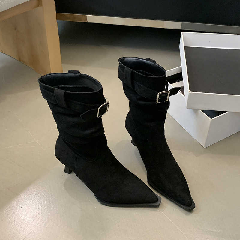 CMM Suede Pointed Pleated Stacking Boots for Women Autumn and Winter New High Heels Short Boots Thin Heels Western Cowboy Boots