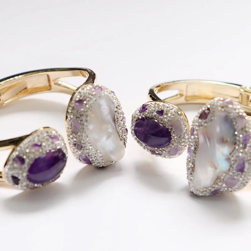 Natural Baroque Pearl Bracelet for Women Raw Stone Amethyst Set with Czech Diamonds Luxury Jewelry