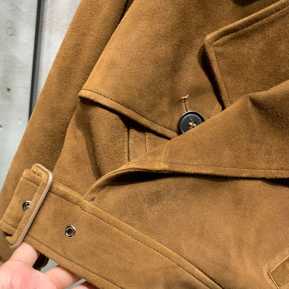 Suede leather jacket womens winter genuine sheepskin coat with wide shoulders and apron 23012 241031