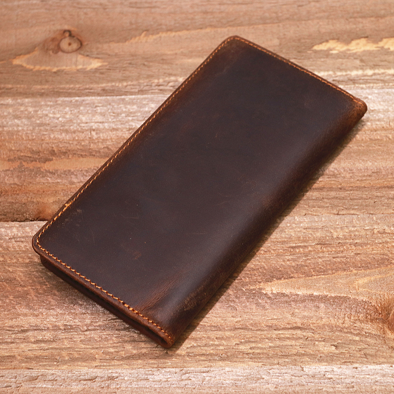Genuine Leather Wallet For Men Vintage Crazy Horse Long Bifold Slim Men's Purse Checkbook Wallet Cash With ID Window Card Holder