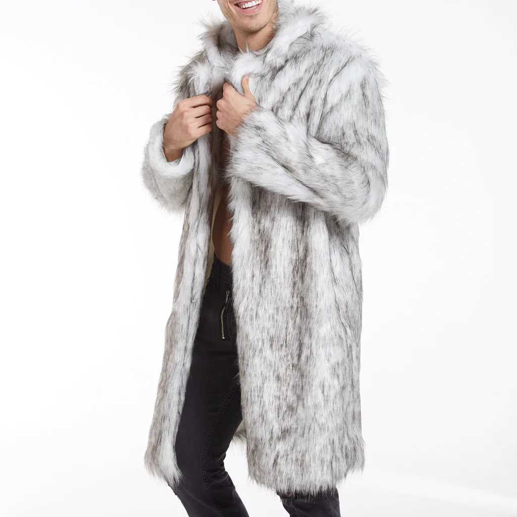 Winter Thickened Mens Fur Overcoat Jacket Faux Fur Warm Male Long Sleeve Coats Mid Length Turn-Down Collar Mens Long Fur CoatXJ241102
