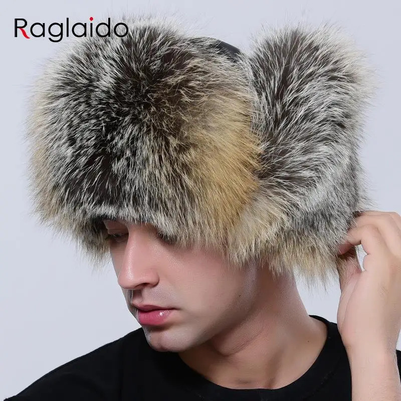 Mens Winter Hat Natural Fluffy Raccoon Fur Warm Adjustable High Quality Sheepskin Bomber Ushaca Fashion Hunting Hat 241031