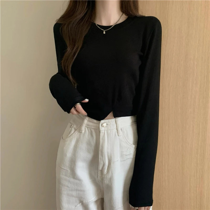 Spring Fashion Y2K T-shirt Woman Vintage Long Sleeve Tee Shirt Femme Basic Solid Crop Top Women Solid Sexy Clothes Tshirt 240315