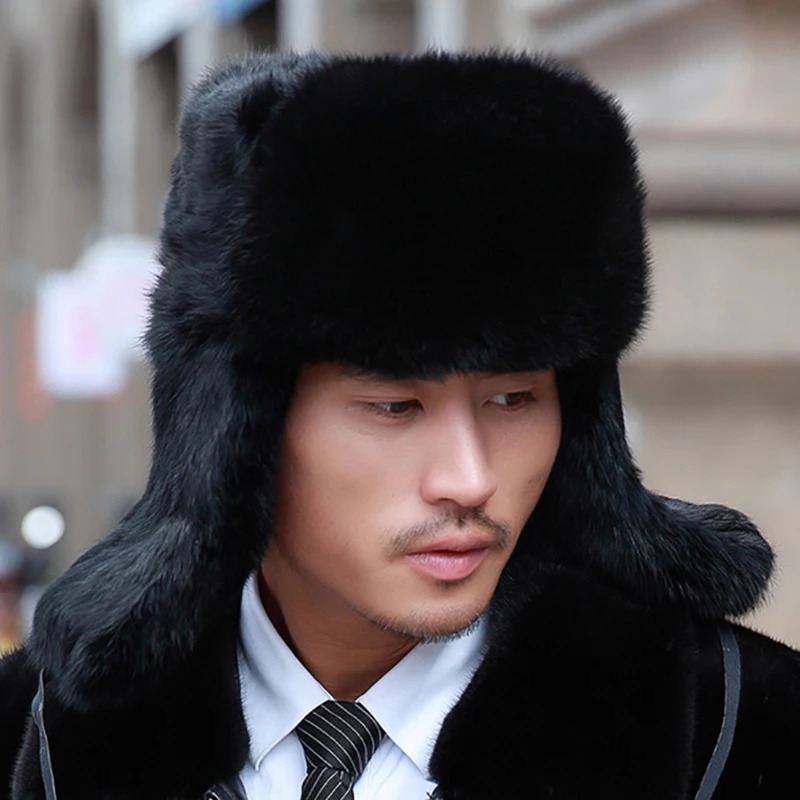 Fashionable Thick Warm Bomber Hat Mens True Rabbit Fur Earrings Catcher Russian Hat Mens Large Winter Hat Mens Ski Russian Hat 241031