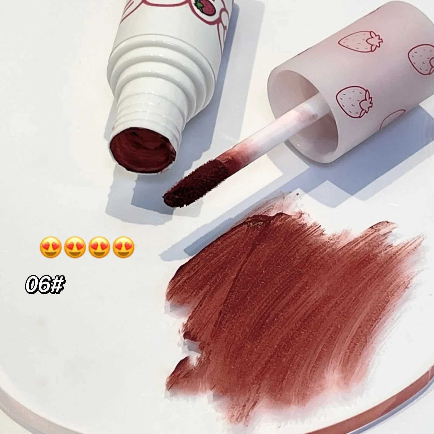 6-color brown pink lipstick matte liquid lipstick cute strawberry waterproof velvet nude red lip mud cheek red tone cosmetics W241101