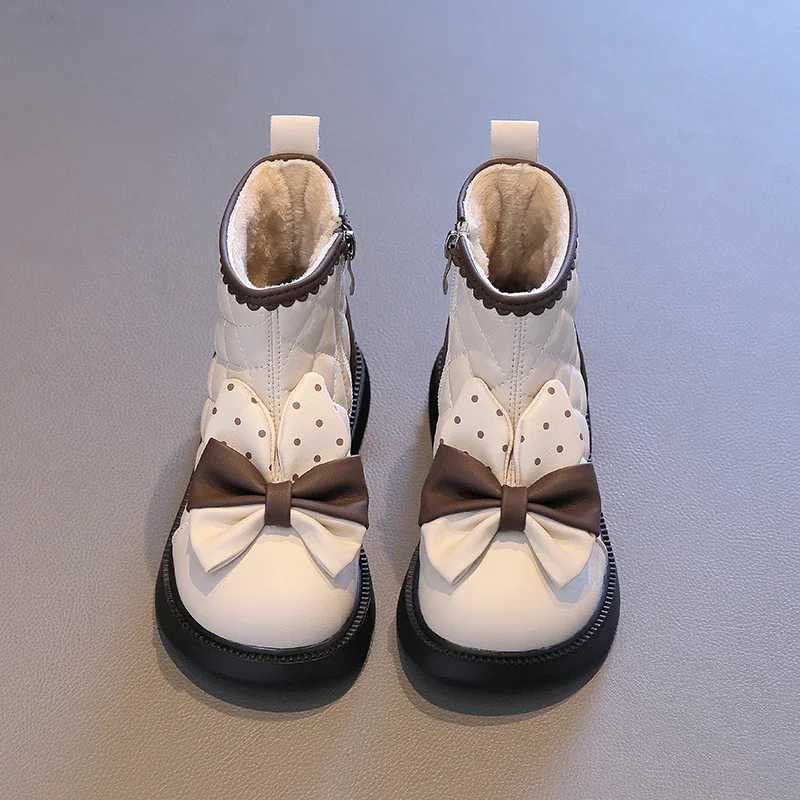 Childrens Princess Fashion Boots Sweet Patch Work Bow Winter Girls Boots Ankle Versatile Childrens Tight Cotton Boots Elegant M241102