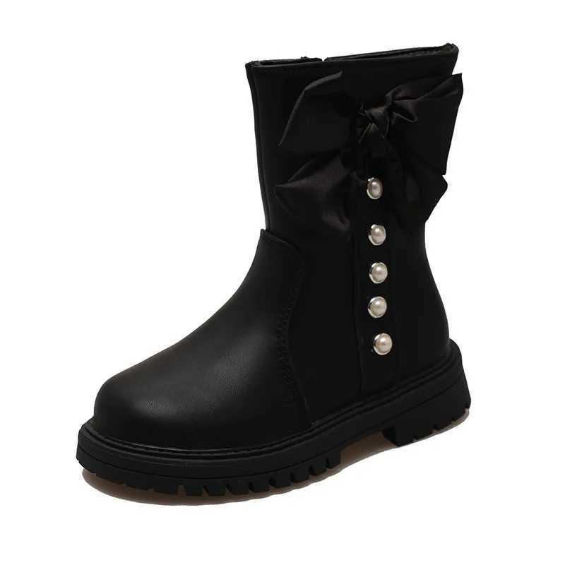 Girls long boots black Pu leather bow short and fashionable childrens winter boots warm bow round toe high knee childrens shoes M241102