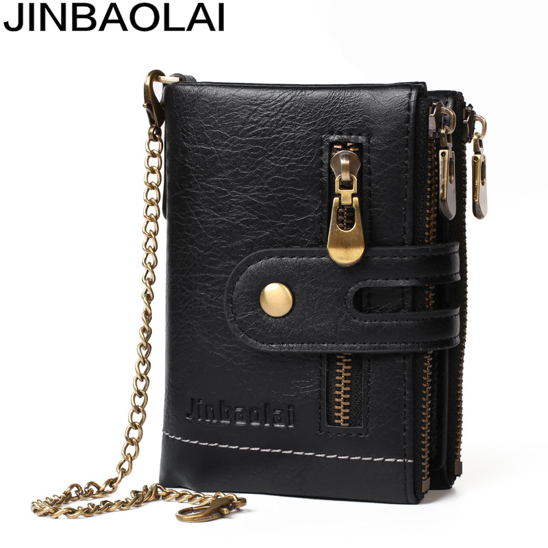 100% Genuine Leather Men Wallet Coin Purse Small Mini Card Holder Chain PORTFOLIO Portomonee Male Walet Pocket