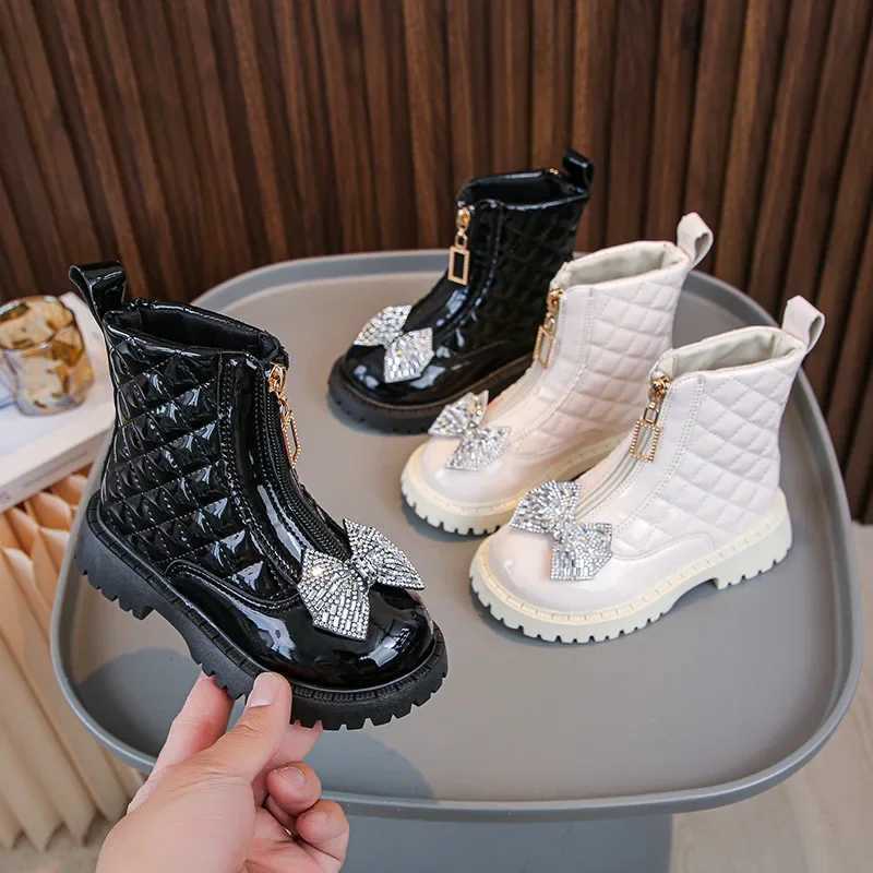 New fashionable checkered girls shiny bow ankle boots with childrens front zipper anti slip boots M241102
