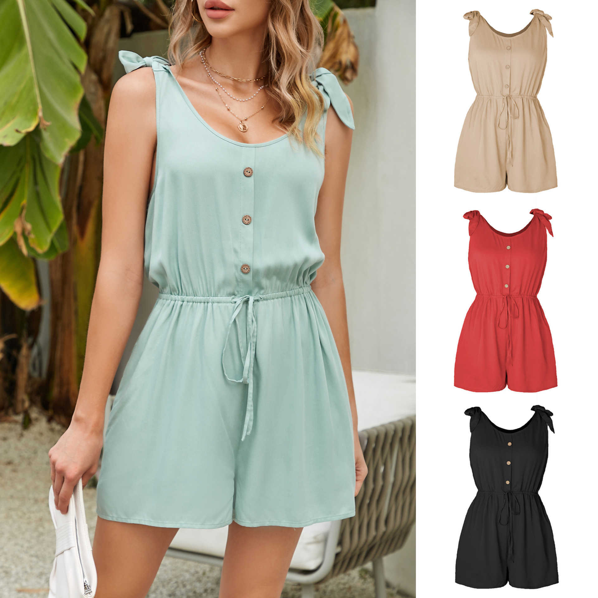 Womens Jumpsuits WoMens Coconut Button Sleeveless Jumpsuit Lace Up Solid Elastic Waist Strap Loose One Piece Style Womens Clothing 241024