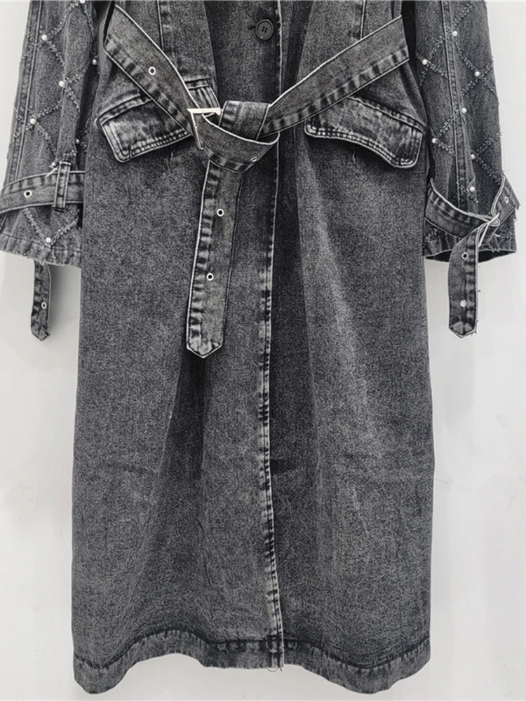 DEAT Fashion Womens Wash Bead Belt n Denim Trench Coat Autumn Trend Collar Long Sleeve Windproof Womens 29L8325 241031