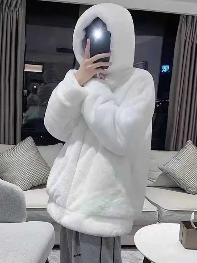 Gmiixder Winter Plush Fake Fur Coat for Mens Korean High Street Oversize Preppy Thickened Hooded Cashmere Imitation Fur JacketXJ241102