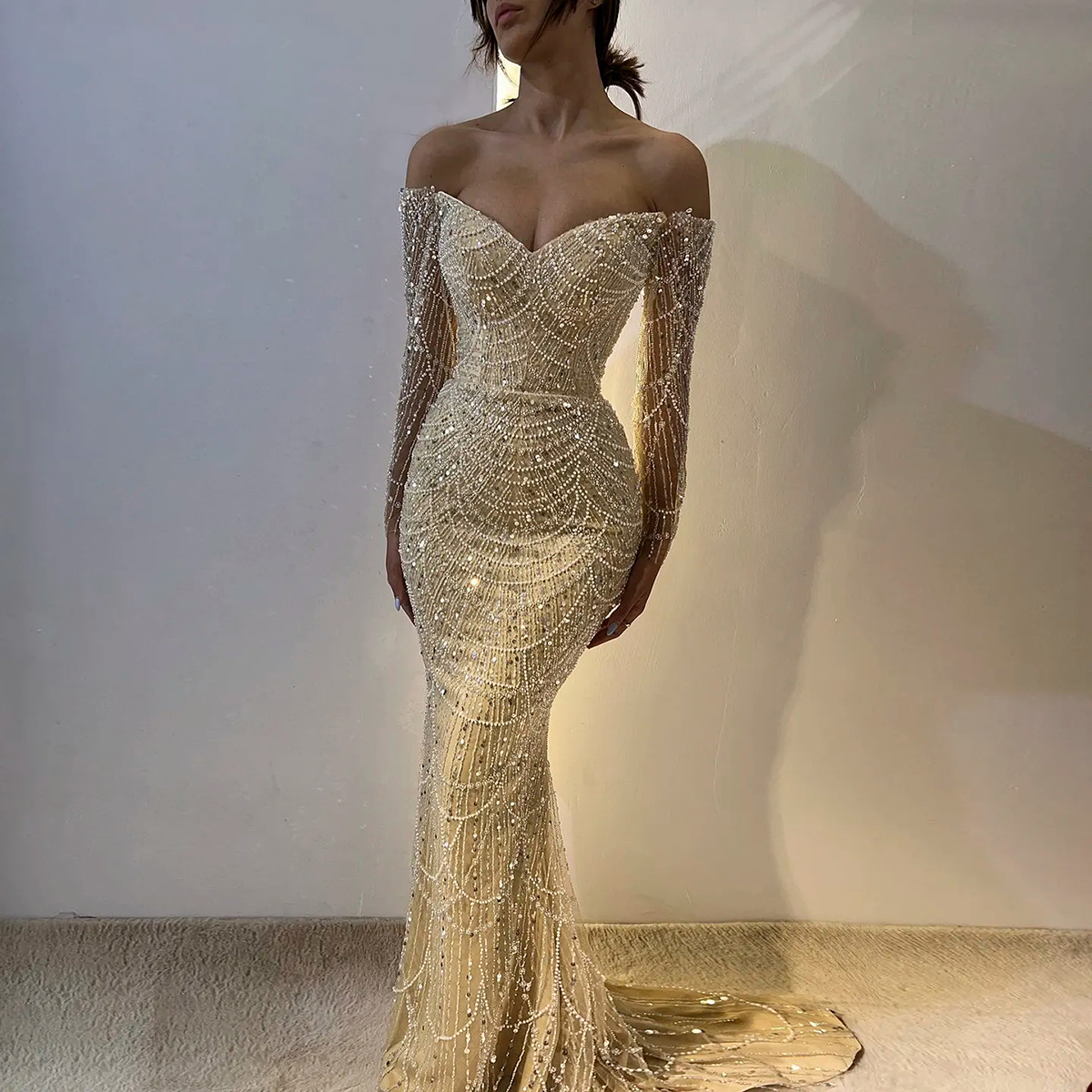 Elegant Mermaid Wedding Dresses Off Shoulder Beaded Sequins Bridal Gowns Slim Pearls Long Sleeve Custom Made Vestidos De Novia
