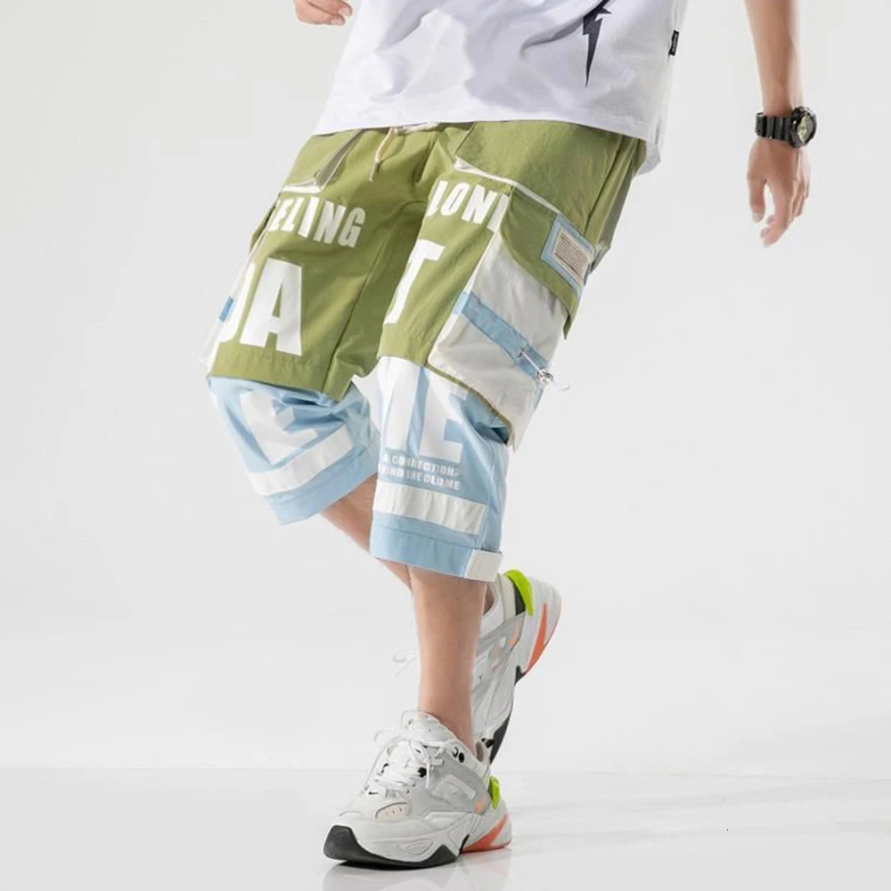 Summer Fashion Men Shorts Casual Hiphop Streetwear Harajuku Pocket Cargo Color Contrast Patchwork Print Street Retro Japan 240321