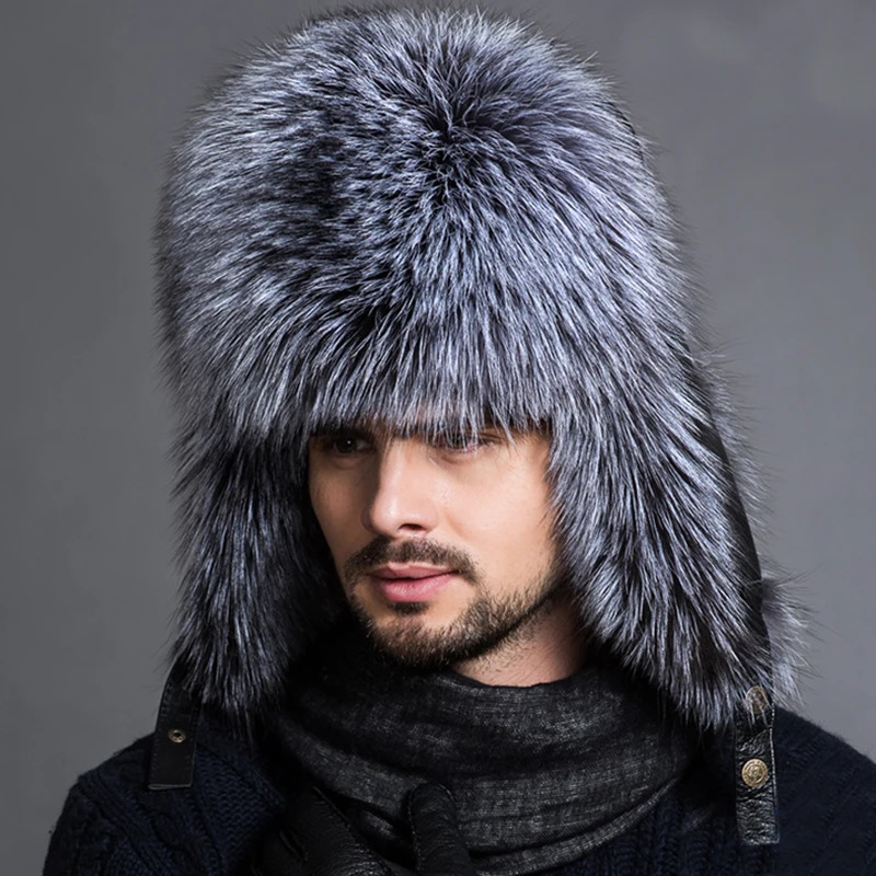 Winter Mens 100% Real Silver Fox Fur Pilot Bomber Hat Raccoon Fur Usanka Hat Hunter Russian Mens Ski Hat Real Leather 241031