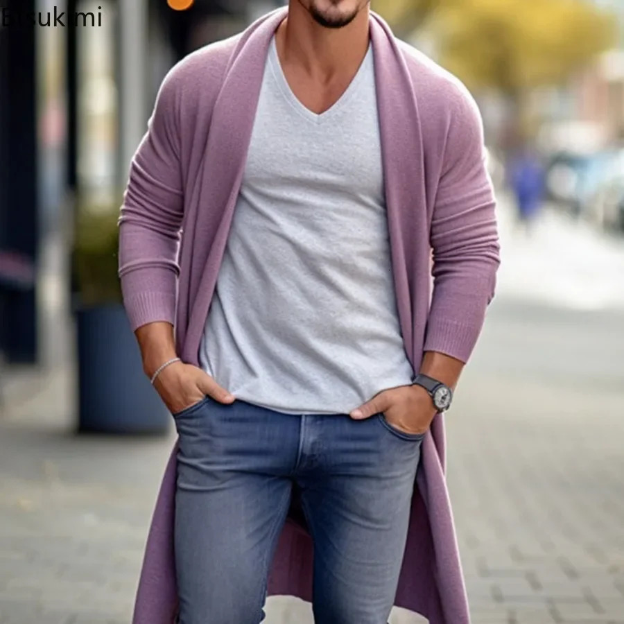 2024 Mens Thin Knitted Sweater Cardigans Solid High Quality Soft Long Woolen Coat Jacket for Men Spring Autumn 241024
