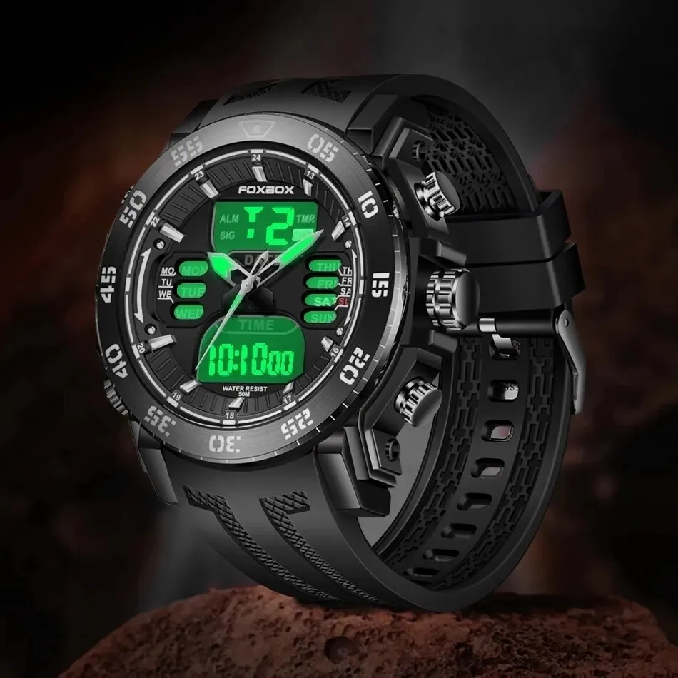 FOXBOX Digital Men Watch 50m Waterproof Wristwatch LED Quartz Clock 2025 Sport new Watch Male Big Watch Men Relogios Masculino