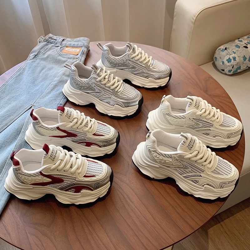 Thick soled dad shoes, women's height increasing versatile casual shoes, 2024 autumn/winter new mesh breathable Korean version sports shoes