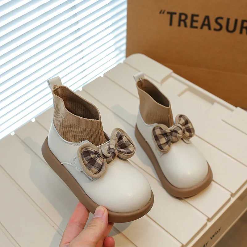 Girls Sock Boots Versatile Bow Simple Round toe Platform Childrens Fashion Casual Leather Boots Classic Hook and Loop Childrens Boots M241102