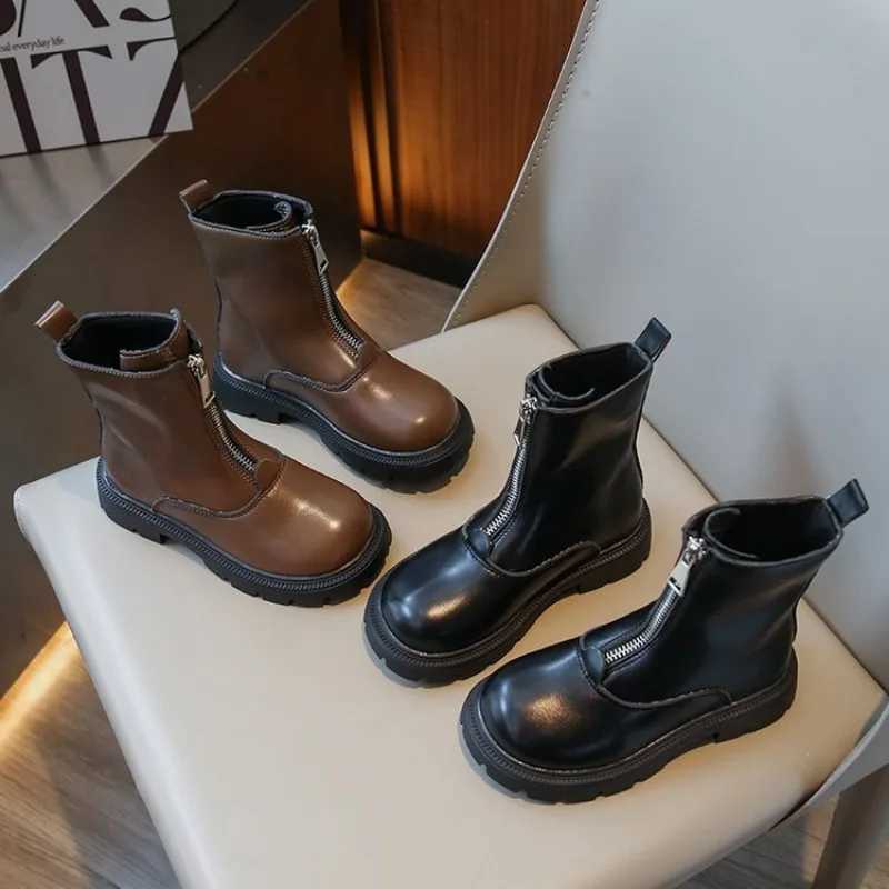 Childrens UK Sle Leather Boots New Autumn Girls Waterproof and Non slip Rubber Outsole Zipper Ankle Boots Girls Fashion Shoes M241102