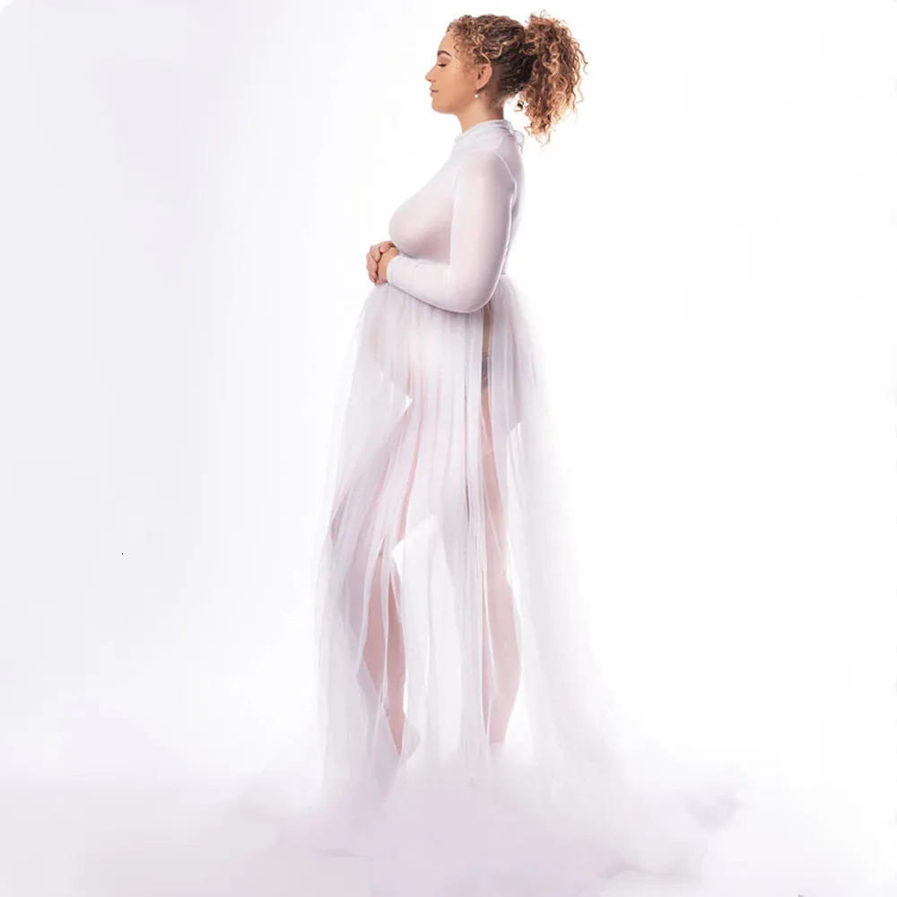 High Neck Stretchy Mesh Maternity Pography Tulle Dress Full Sleeve See Through Pregnancy Mesh Maxi Dress For Poshoot 240319