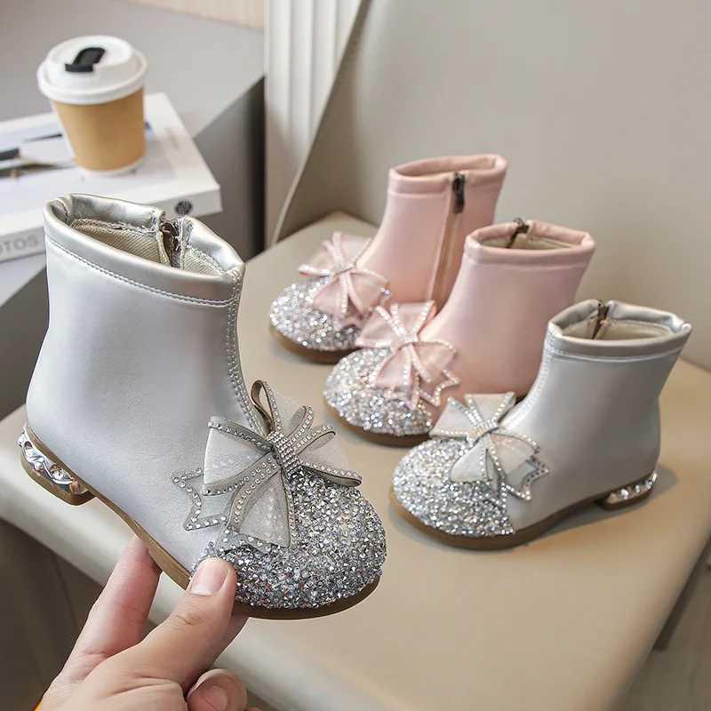 Girls autumn and winter shoes childrens plush new crystal short boots childrens fashion princess bow bead zipper M241102
