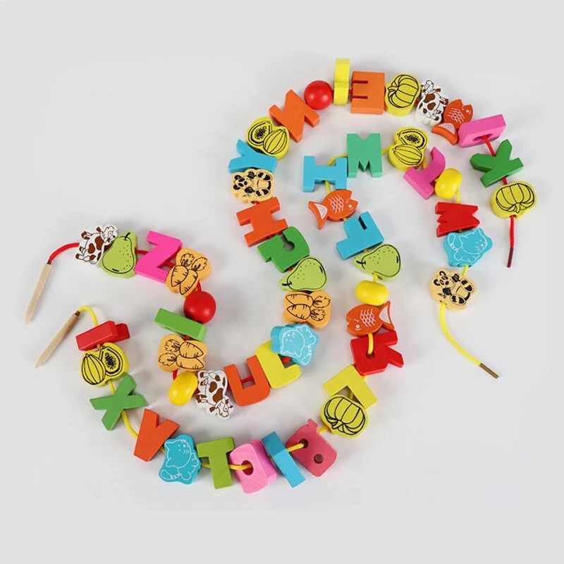 26pcs Wooden Toys Baby DIY 2025 Toy Cartoon Fruit Animal Stringing Threading Wooden beads Toy new Monterssori Educational for Kids GYH