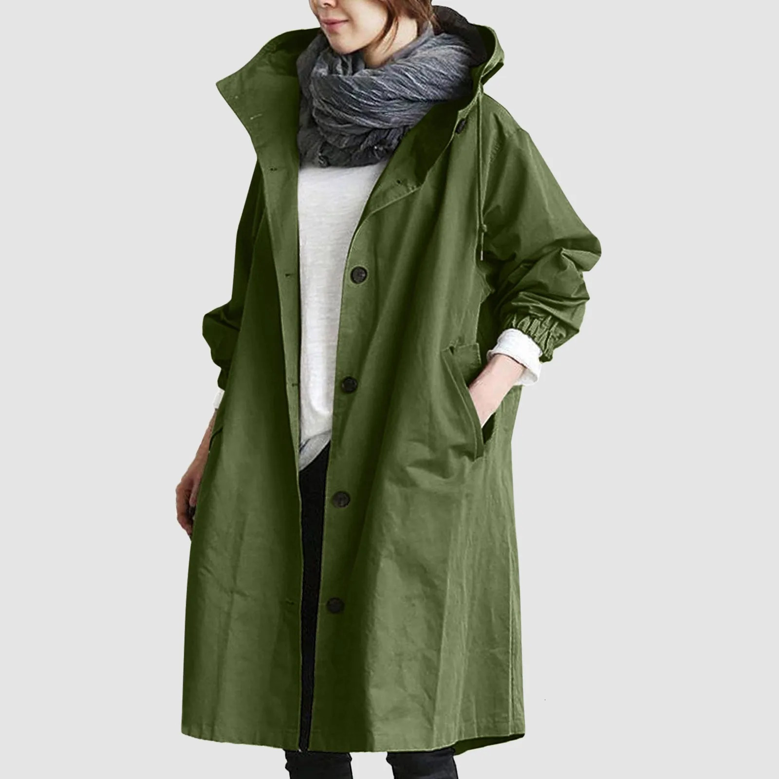 Fashionable womens long trench coat womens solid color elegant windproof coat loose and comfortable hooded warm womens raincoat 241031