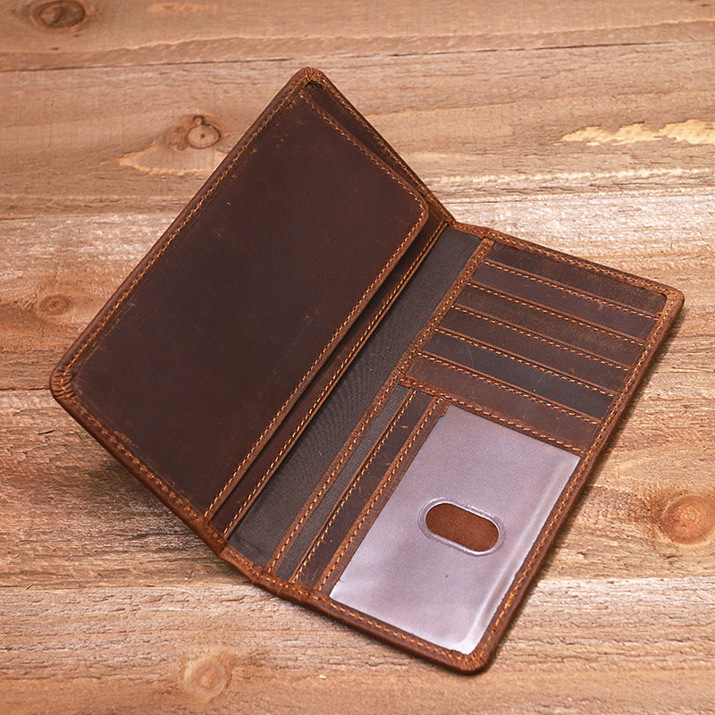 Genuine Leather Wallet For Men Vintage Crazy Horse Long Bifold Slim Men's Purse Checkbook Wallet Cash With ID Window Card Holder